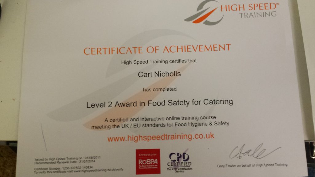 Certificate for Handling Food Catering Manchester